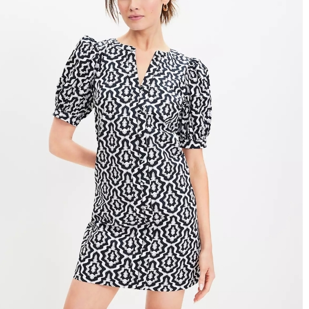 Loft Poplin Button Balloon‎ Sleeve Mini Dress Size Meduim